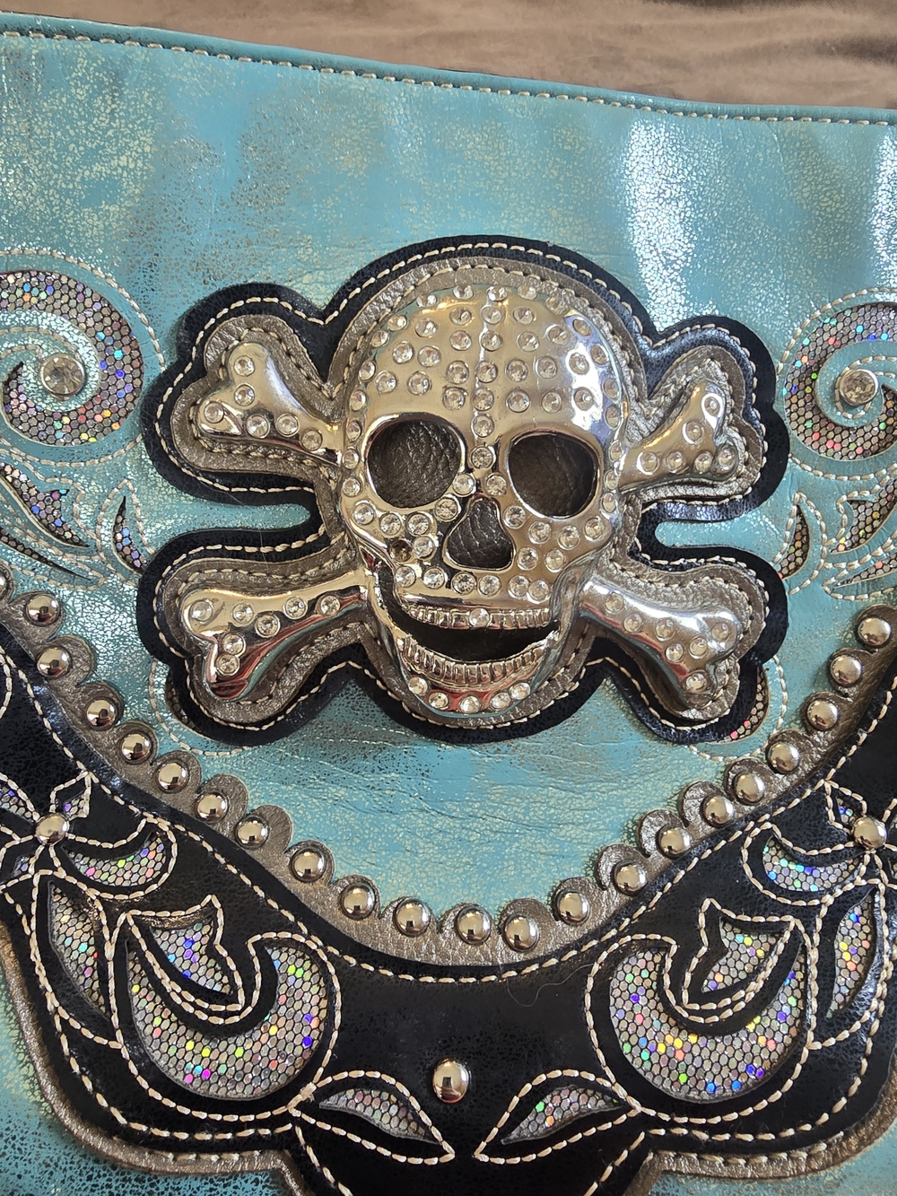 Pirate Turquoise Skull and Crossbones Bling Embellished Women’s Handbag - Picture 2 of 15